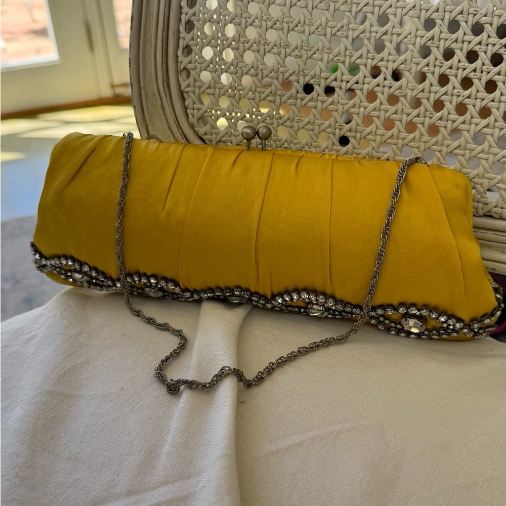 Yellow Satin Evening Clutch With Crystal Trim