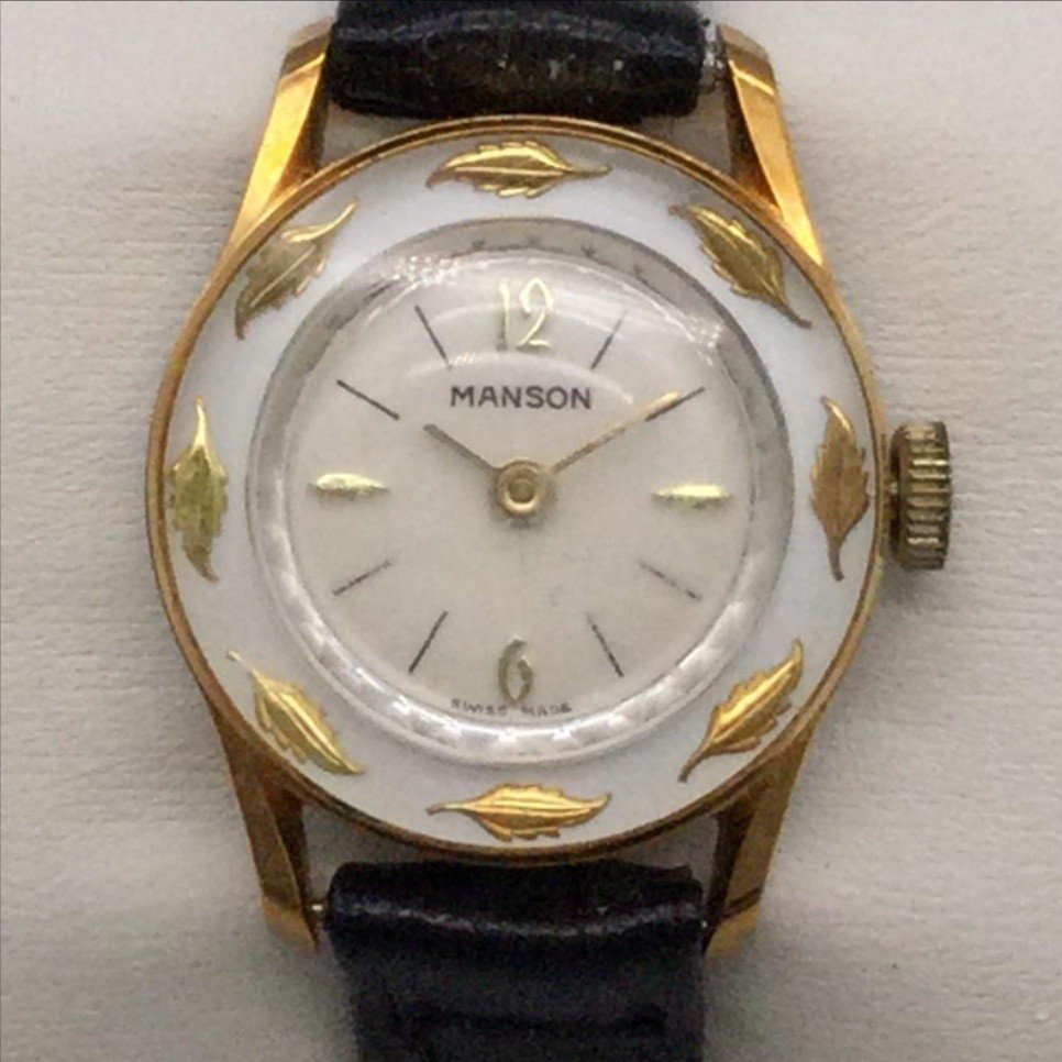 Vintage Manson Womens Watch 25mm White Dial Gold Tone Manual Swiss Leather Band