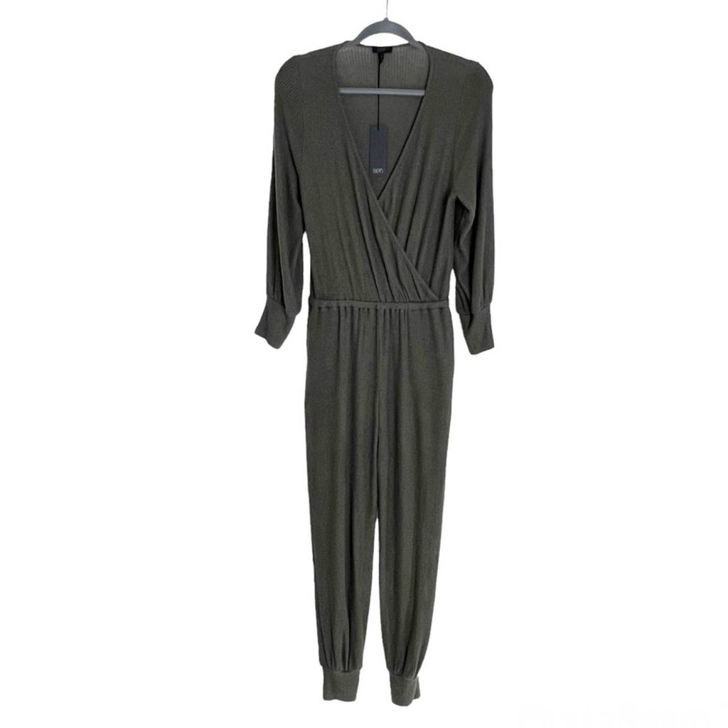 New Sen Collection Olive Green Ribbed Knit Lounge Jumpsuit Small