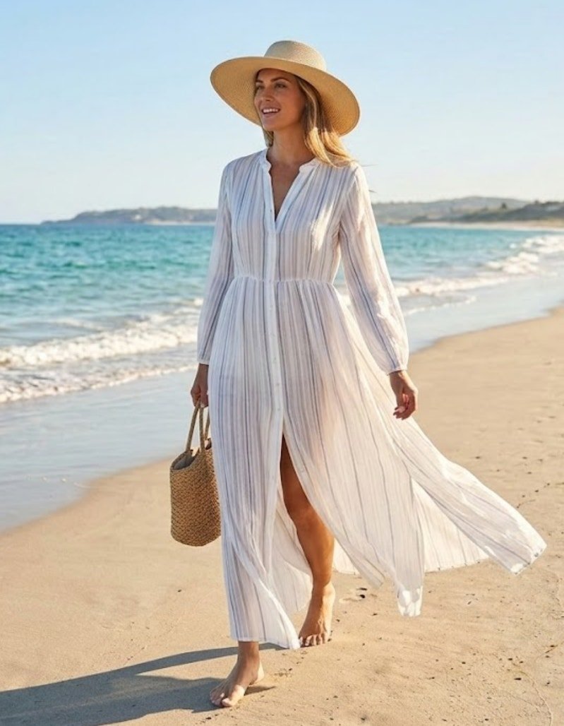 Coastal Blue Xl Maxi Cover-Up Dress Nwot White Striped Long Sleeve Beach Cruise