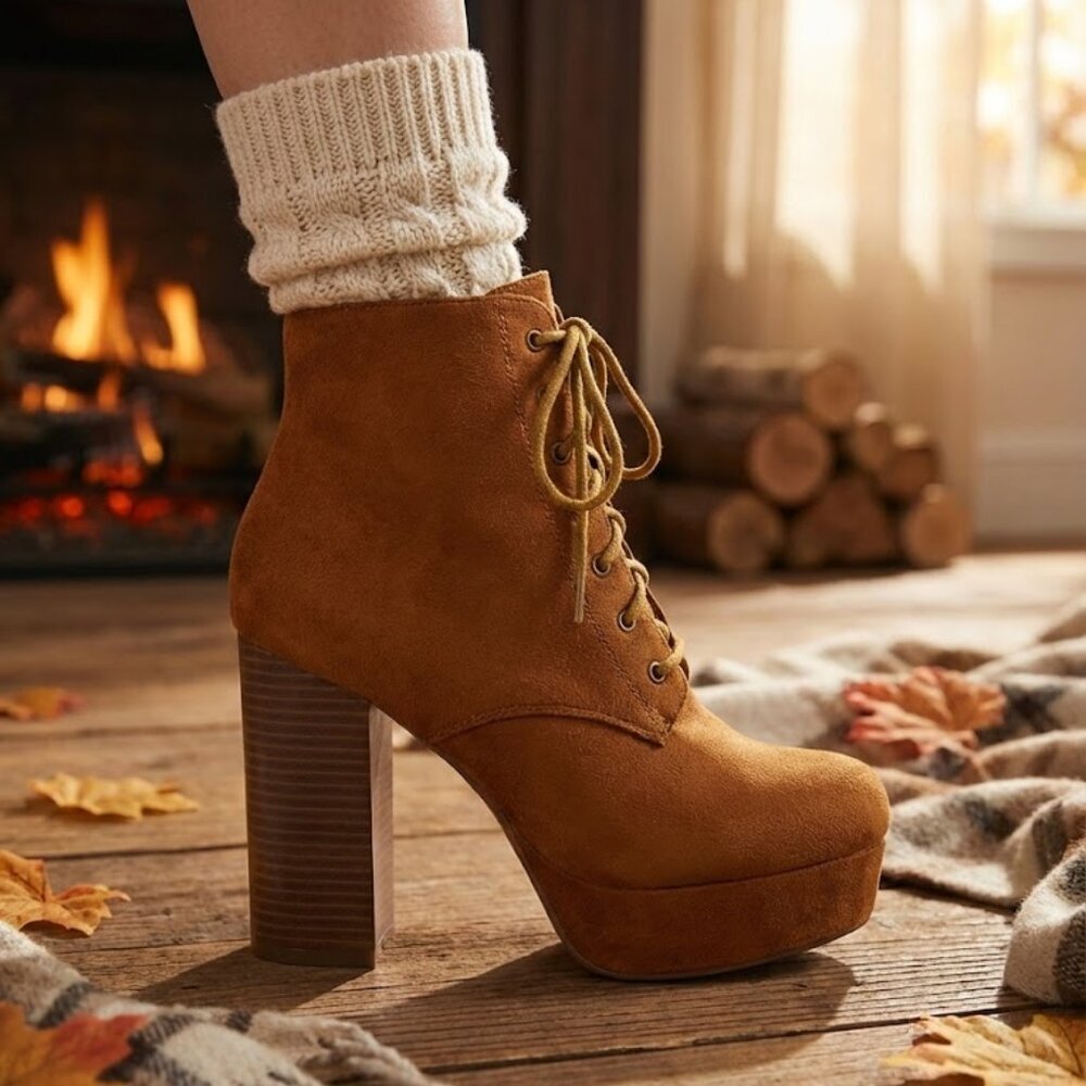 Nwt Soda Cognac Suede Lace-Up Platform Booties 4.5"