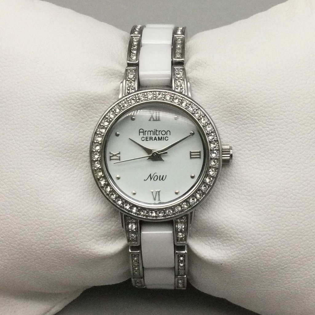 Armitron Now Womens Watch 24mm White Ceramic Bracelet Crystals New Battery 6"