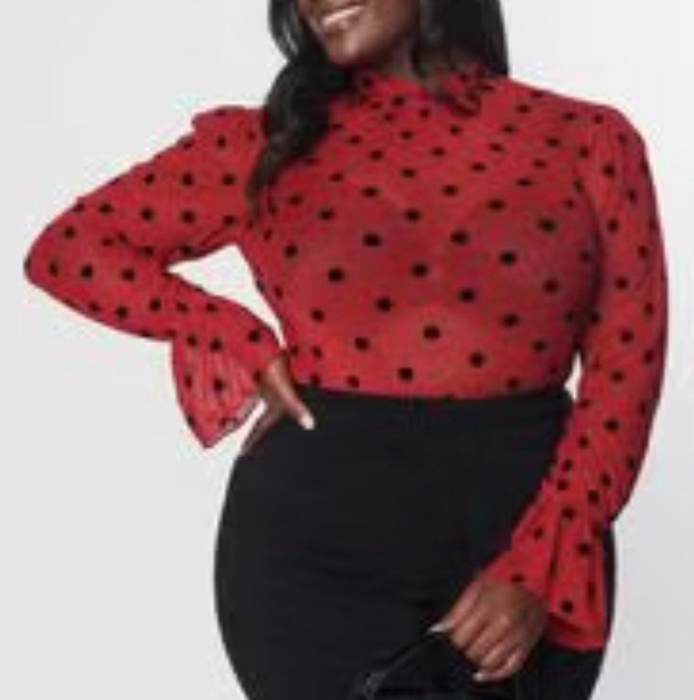 Unique Vintage Red Black Long Sleeve Sheer Mock Neck Polka Dot Blouse M Nwt