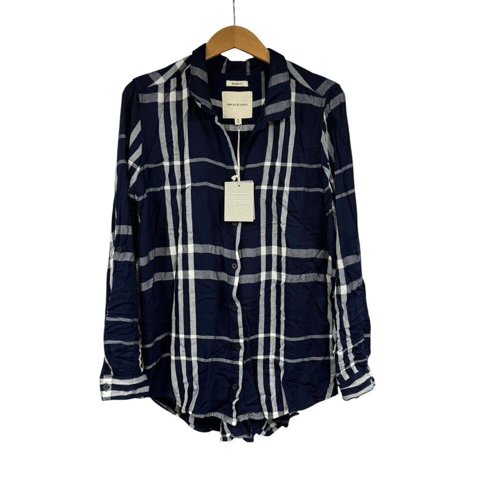 Thread & Supply Relaxed Fit Navy Blue Plaid Button Up Shirt Womens Medium New