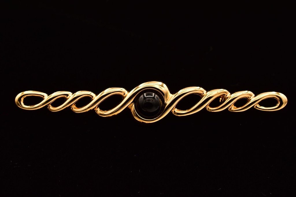 Monet Vintage 3" Cabochon Bar Pin Brooch Black Gold Tone Signed 80s 1980s Binbg