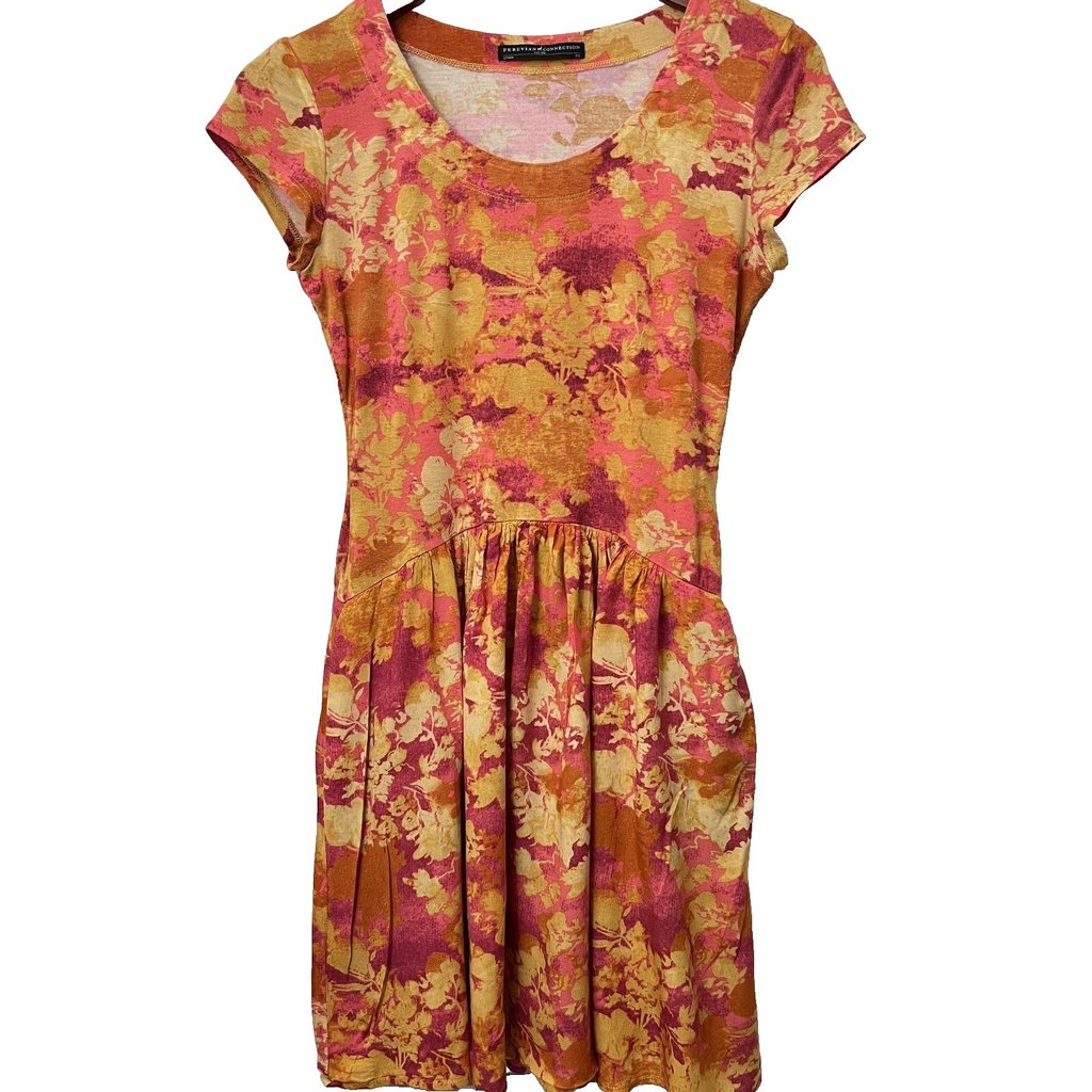 Peruvian Connection Dress Xs Pink Gold Floral Lined Pleating Pima Cotton