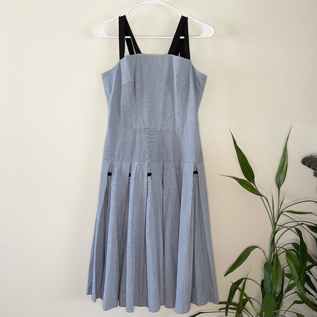 Olympia Le-Tan Queen Mary Dress Womens Us 8 Fr 38 Navy White Stripe Retro Midi
