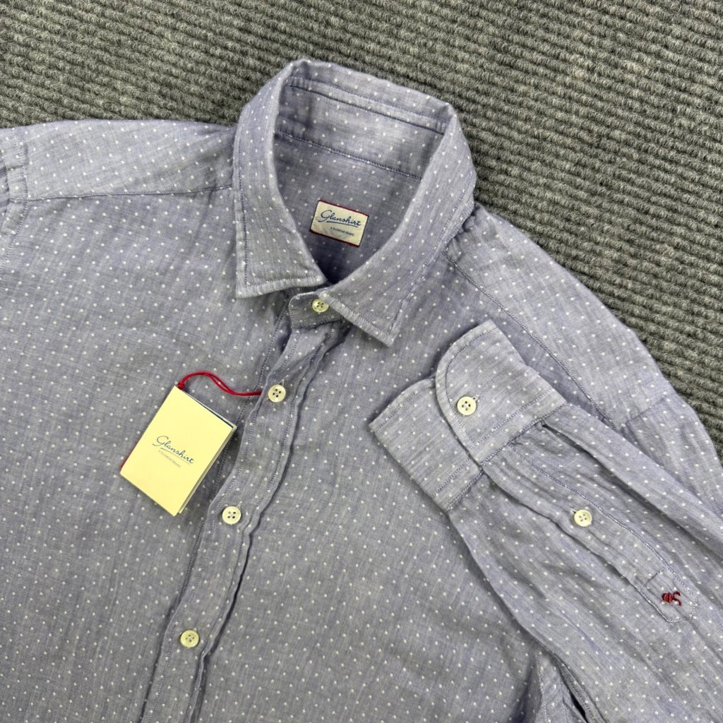 New Glanshirt Slowear Kent Polka Dot Button Up Shirt Mens 40 15.75 Blue White
