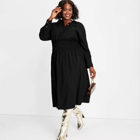 Future Collective Women's Collared Long Sleeve Smocked Midi Shirtdress Black Xxl