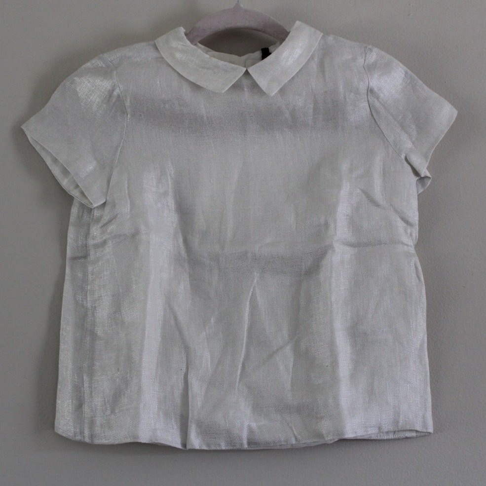 Nwt Bonpoint Couture Coquet Short Sleeve Linen Collared Blouse Top Cream Silver