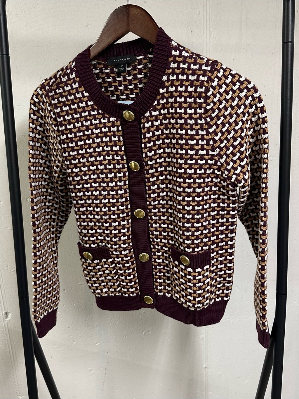 Ann Taylor Burgundy, Cream & Tan Textured Knit Cardigan