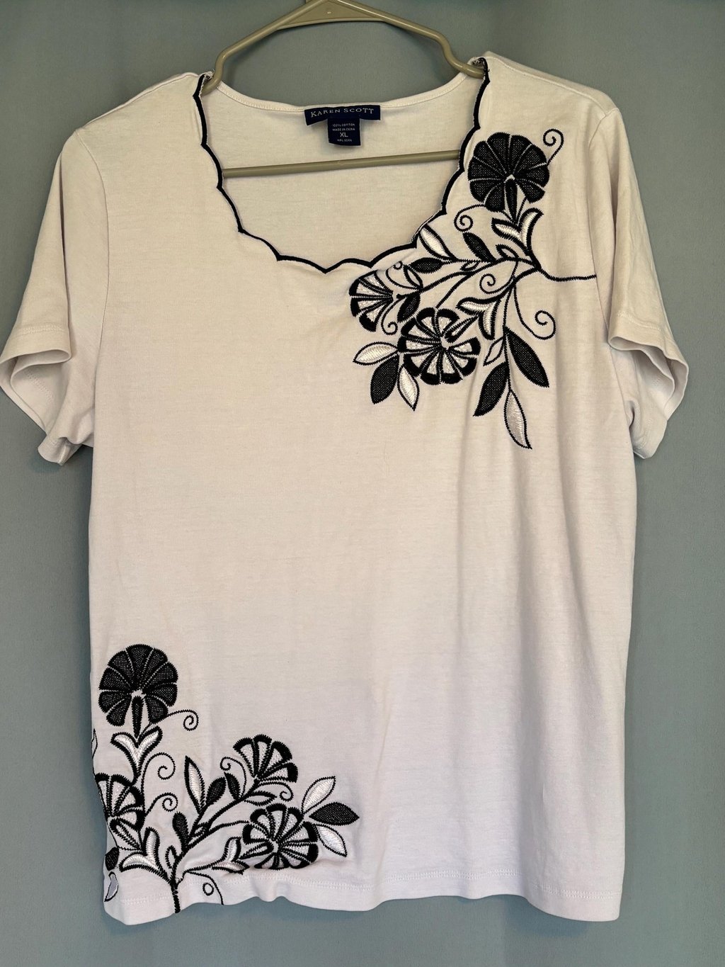 Karen Scott Womens White Floral Short Sleeve Wide Neck Shitt Top Xl