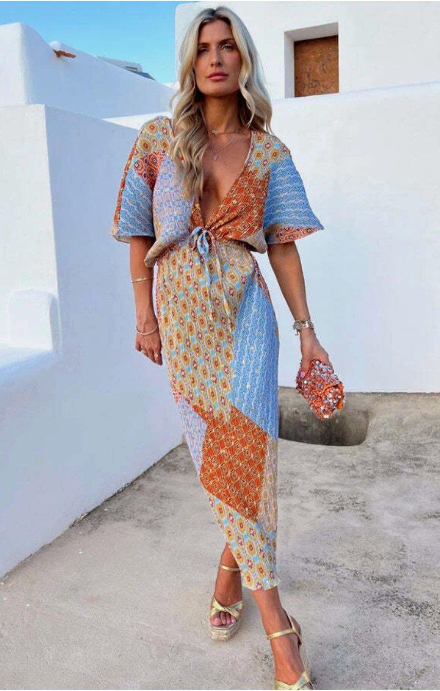Never Fully Dressed Patchwork Plisse Mollie Midi Dress Size 10