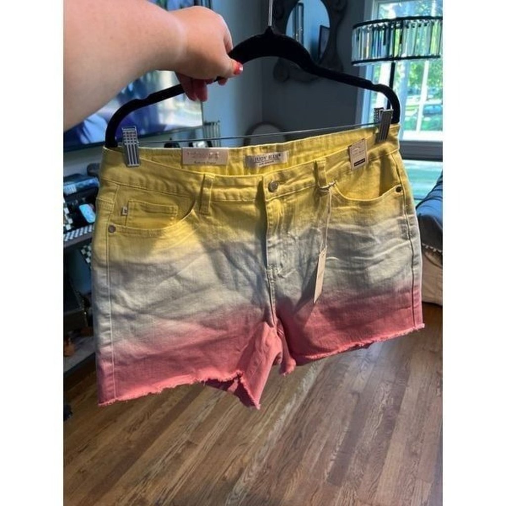 Judy Blue Large Cut Off Denim Shorts Dip Dye Ombre Yellow Blue Pink Frayed Nwt