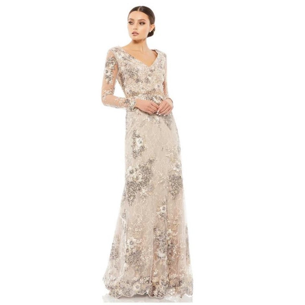 Mac Duggal Floral Embroidered Lace Sequin Embellished V-Neck Illusion Gown 6 Nwt