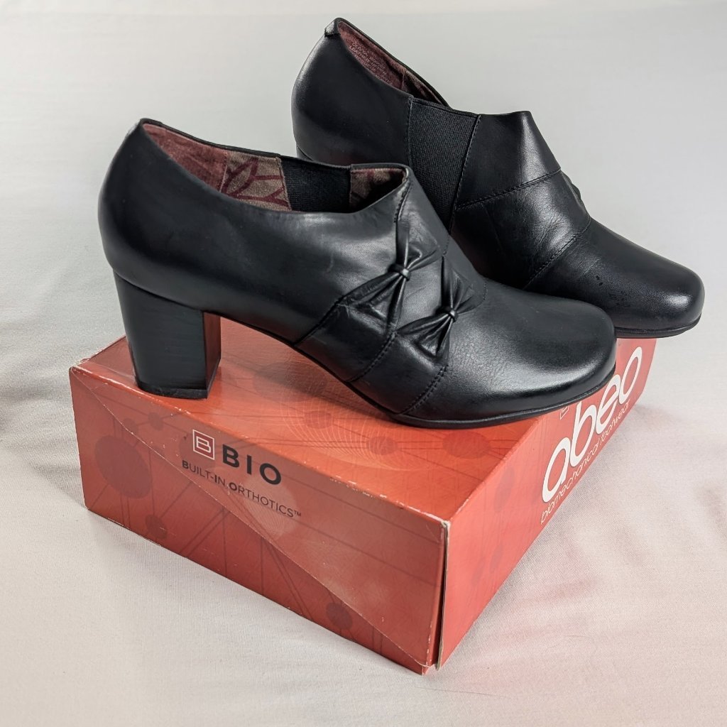 Abeo Black Leather Slip On Bow Detail Block Heel Booties Built In Orthotics New