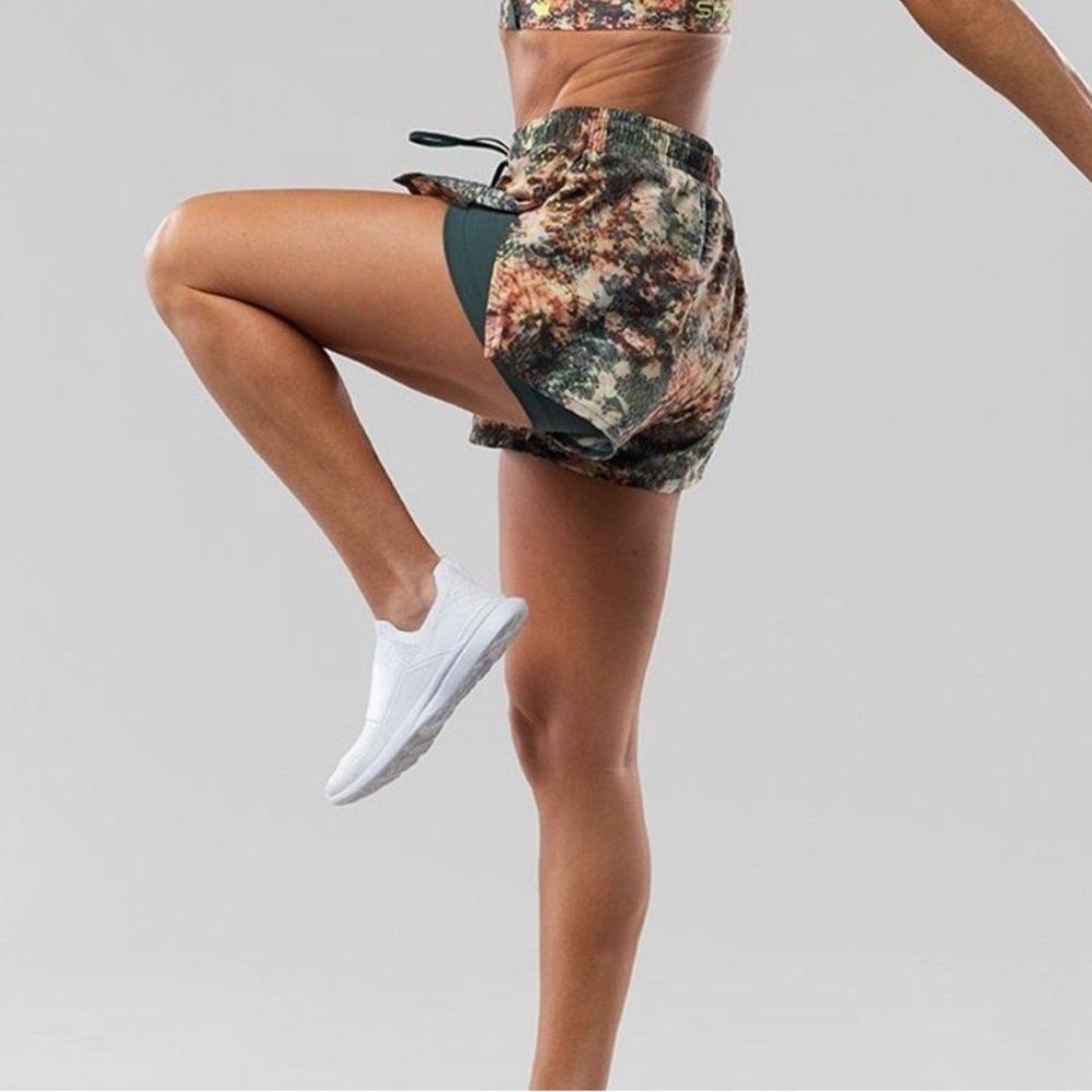 Shefit Snakeskin Print Green Layered Tie Waist Active Shorts Gym Running Small