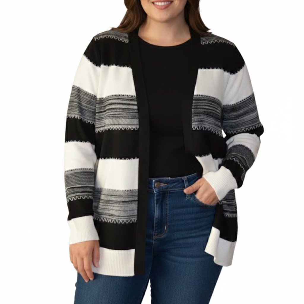 89th Madison New Women Striped Open Front Black White Cardigan Sweater, 2x
