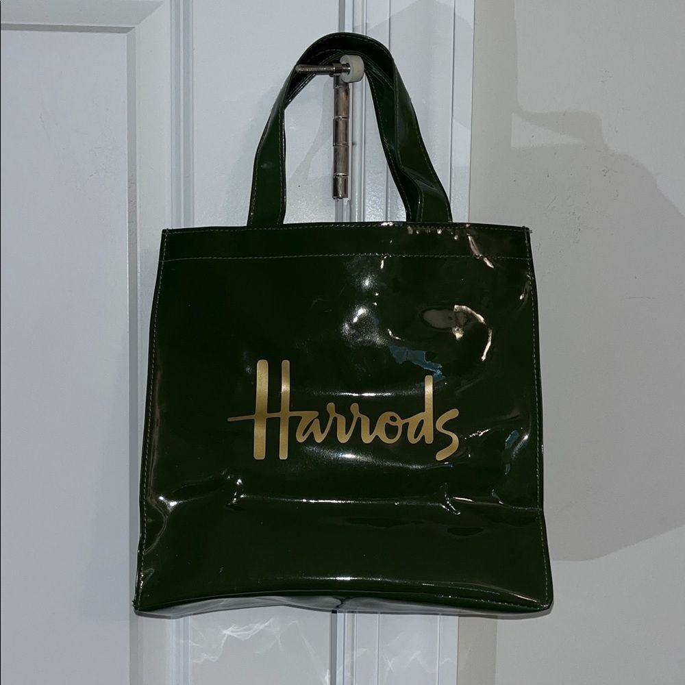 Harrods London Knightsbridge Small Pvc Vinyl Tote Carrier Shopping Bag Green