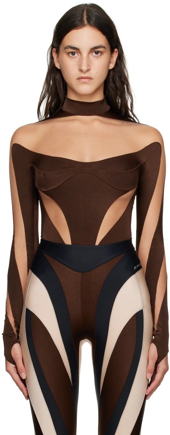 Mugler Brown Illusion Neckline Mesh Cutout Bodysuit Size 12