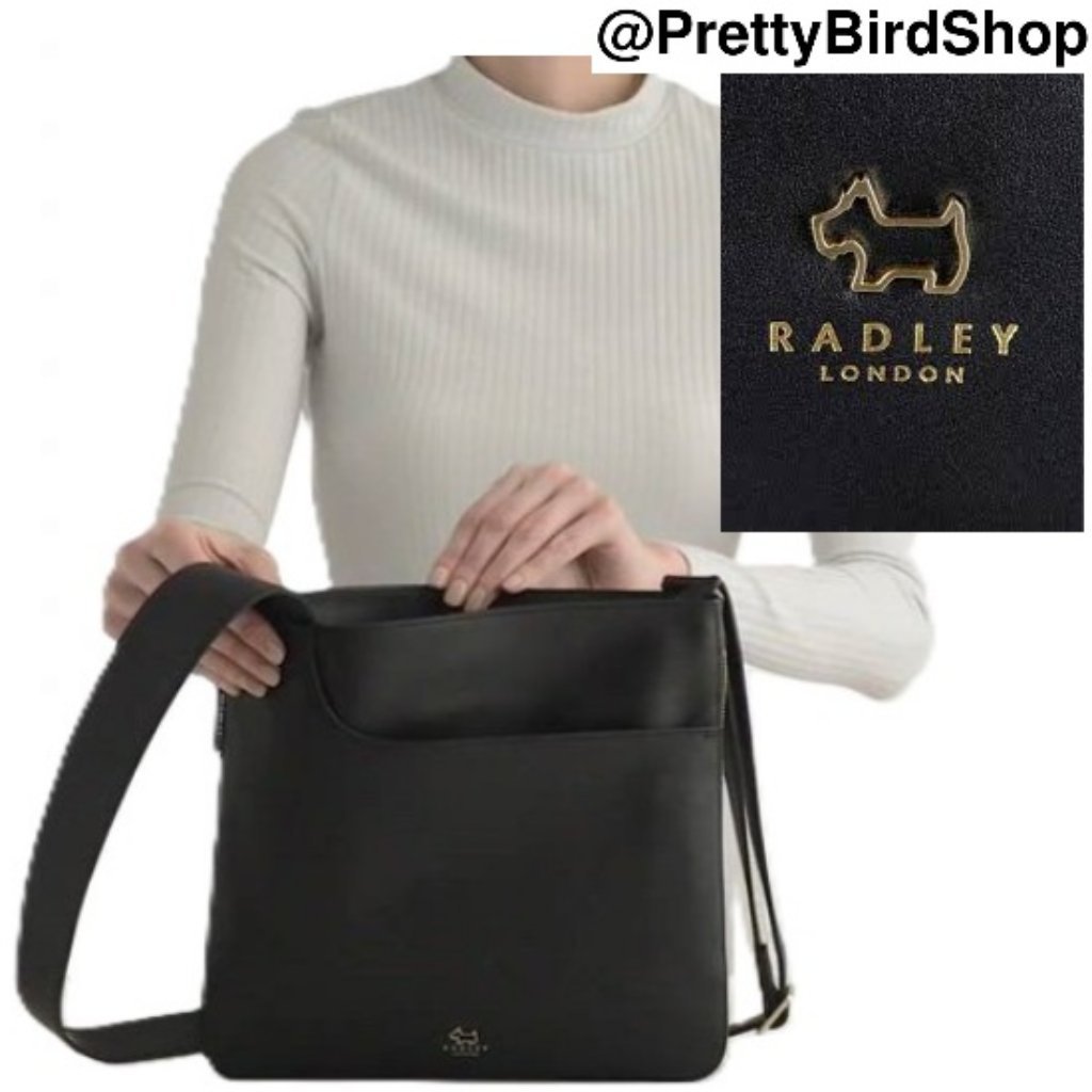 Radley London Crossbody Bag Black Leather Zip Around Large Euc Pockets Expand