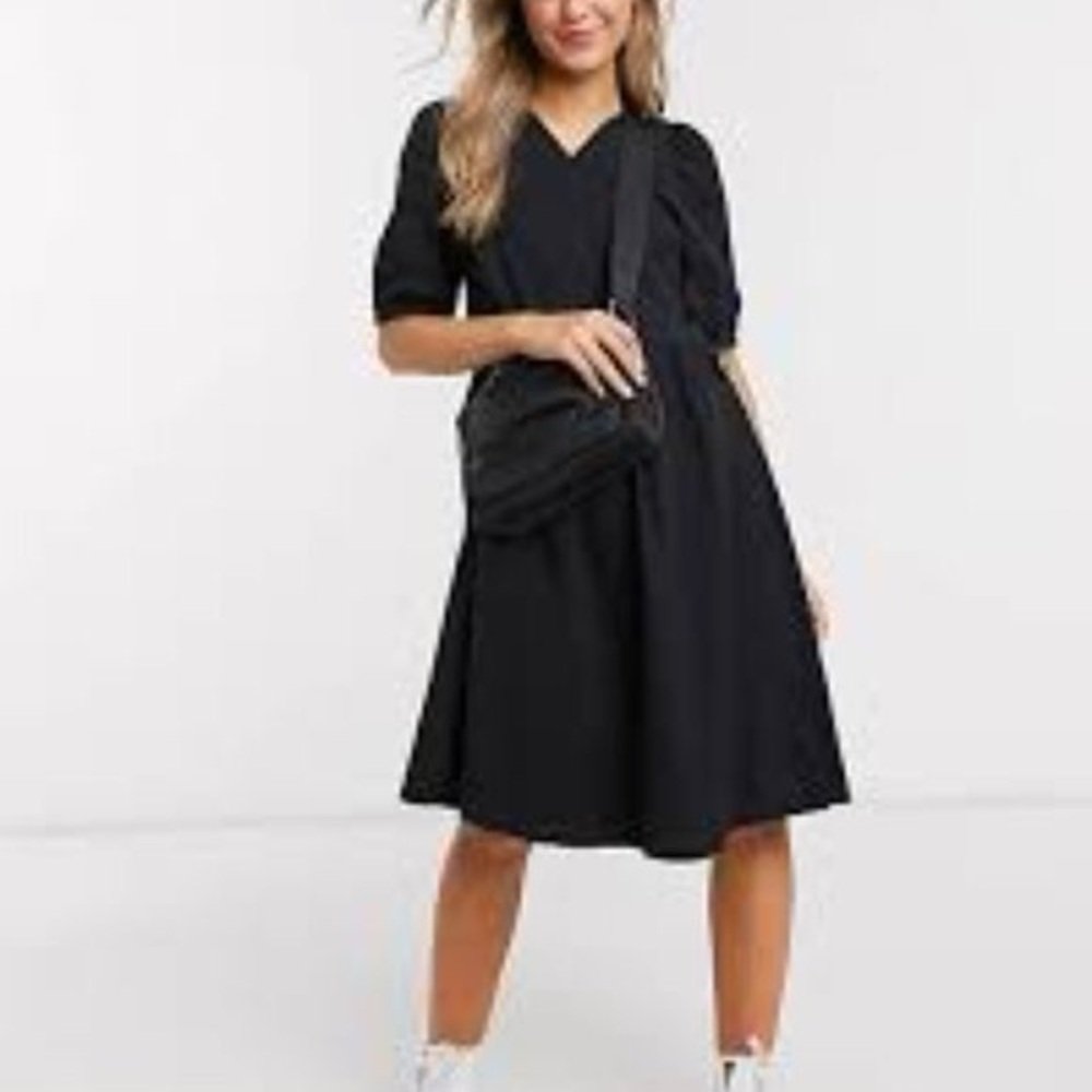 Nwt Monki Cotton Puff Sleeve Bow Detail Wrap Dress Black Midi Medium