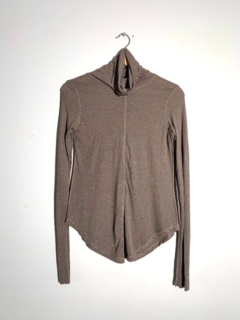 Aakasha Brown Turtleneck Top Asymmetric Tulip Hem Raw Edge Dystopian Nwot M