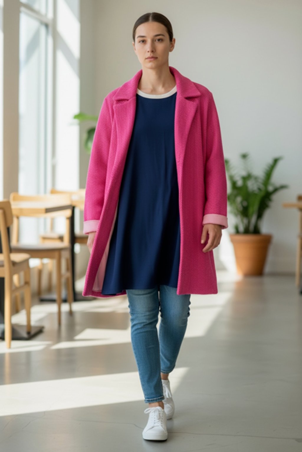 Pink Women's Open-Front Textured Coatigan Liverpool Herringbone Sweater