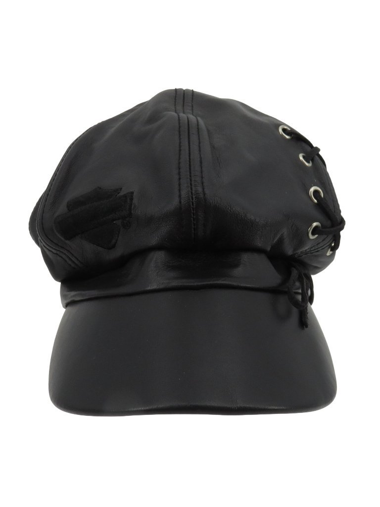 Harley Davidson Adult Large Black Leather Embroidered Lace Up Cabbie Newsboy Hat