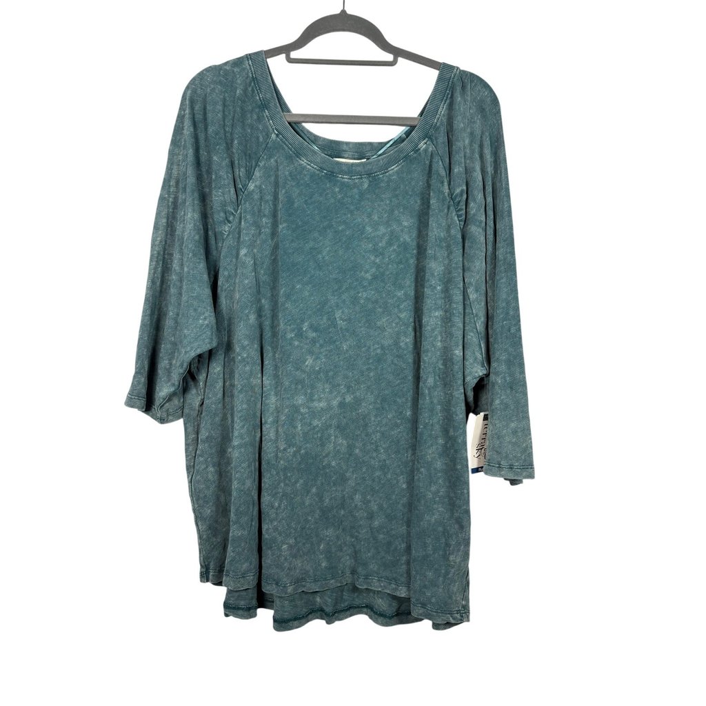Terra & Sky Teal Mineral Wash Oversized Raglan Top 3/4 Sleeve Plus Size 3x Nwt