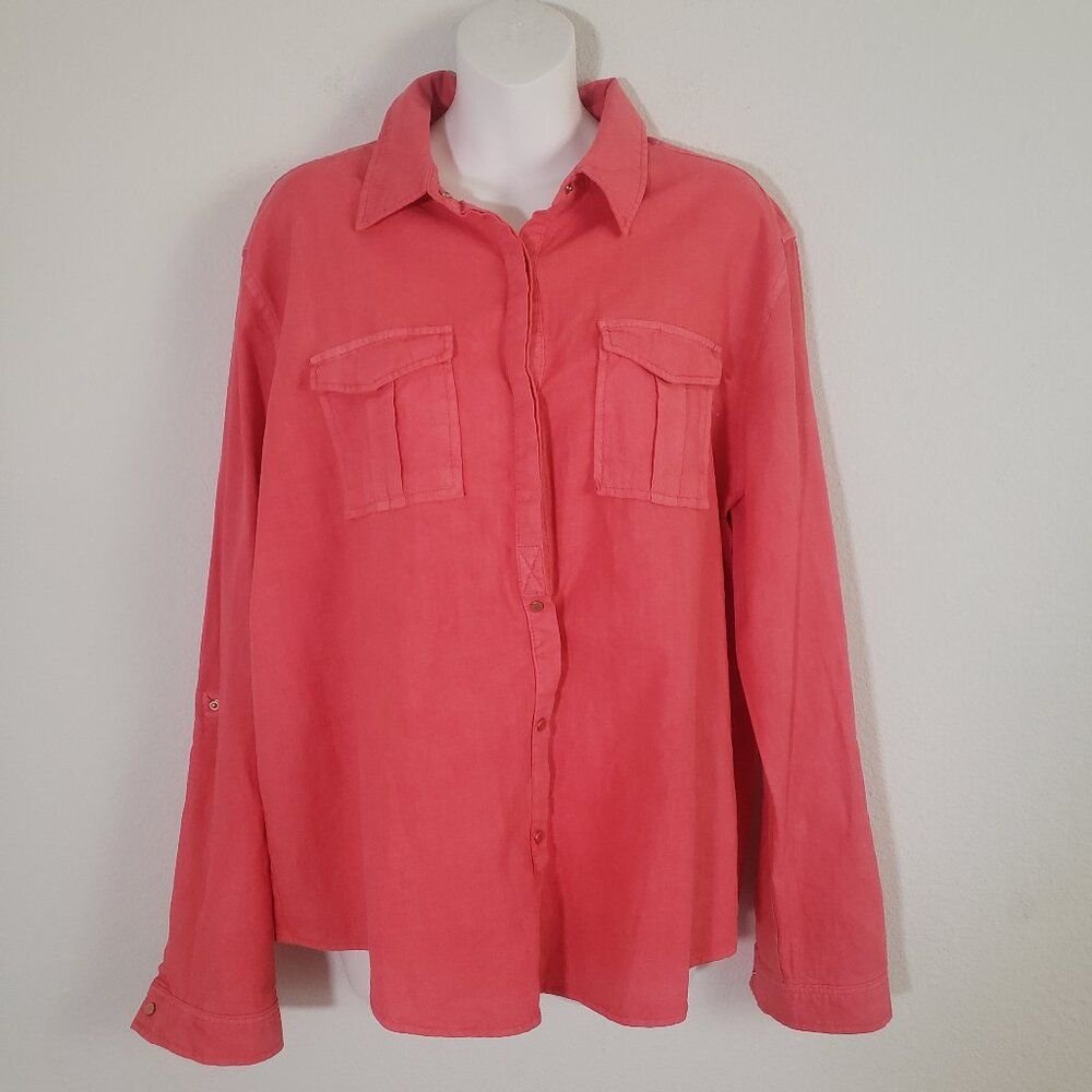 Buffalo David Bitton Women's Linen Top Large Orange Keyhole Back Western Boho