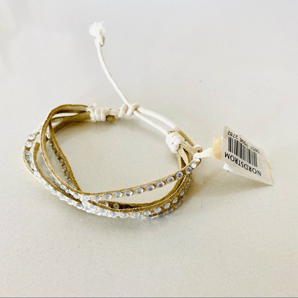 New Y2k Vintage Nordstrom White Cream Tan Cord Crystal Bead Bracelet Jewelry