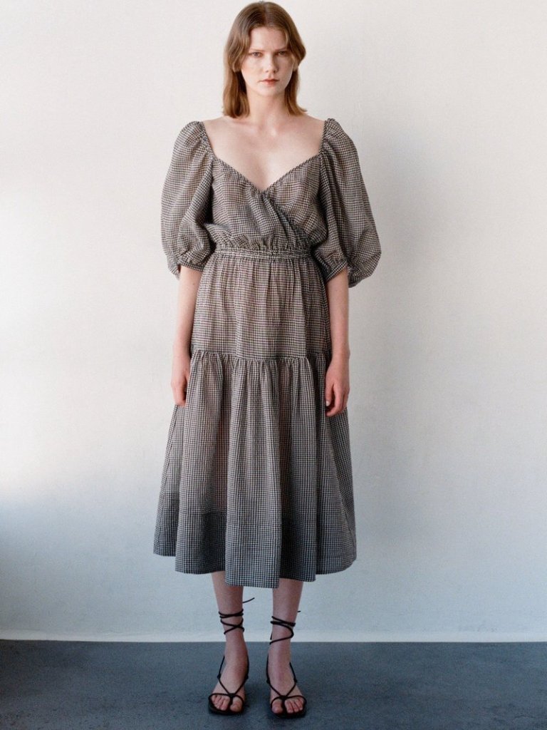 Shaina Mote Gilot Linen Blend Midi Dress - Black/White Gingham