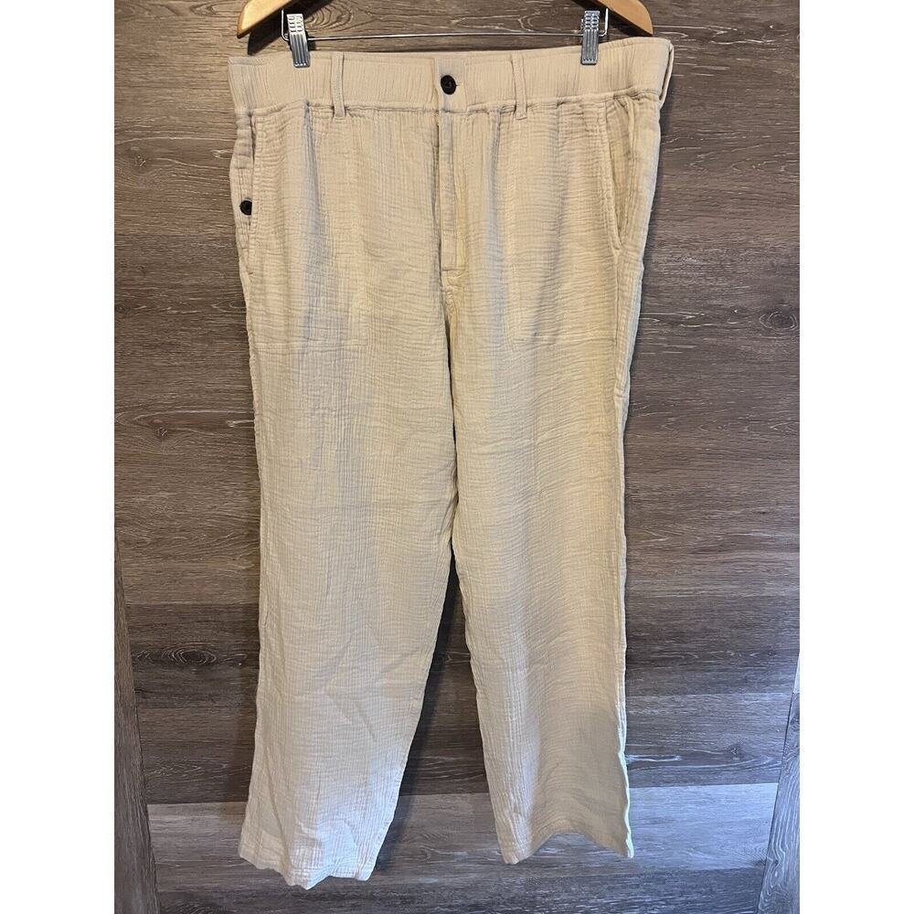 Women Cream Crinckled Cotton Textured Pants Sz Large Elastic Waist Upwest