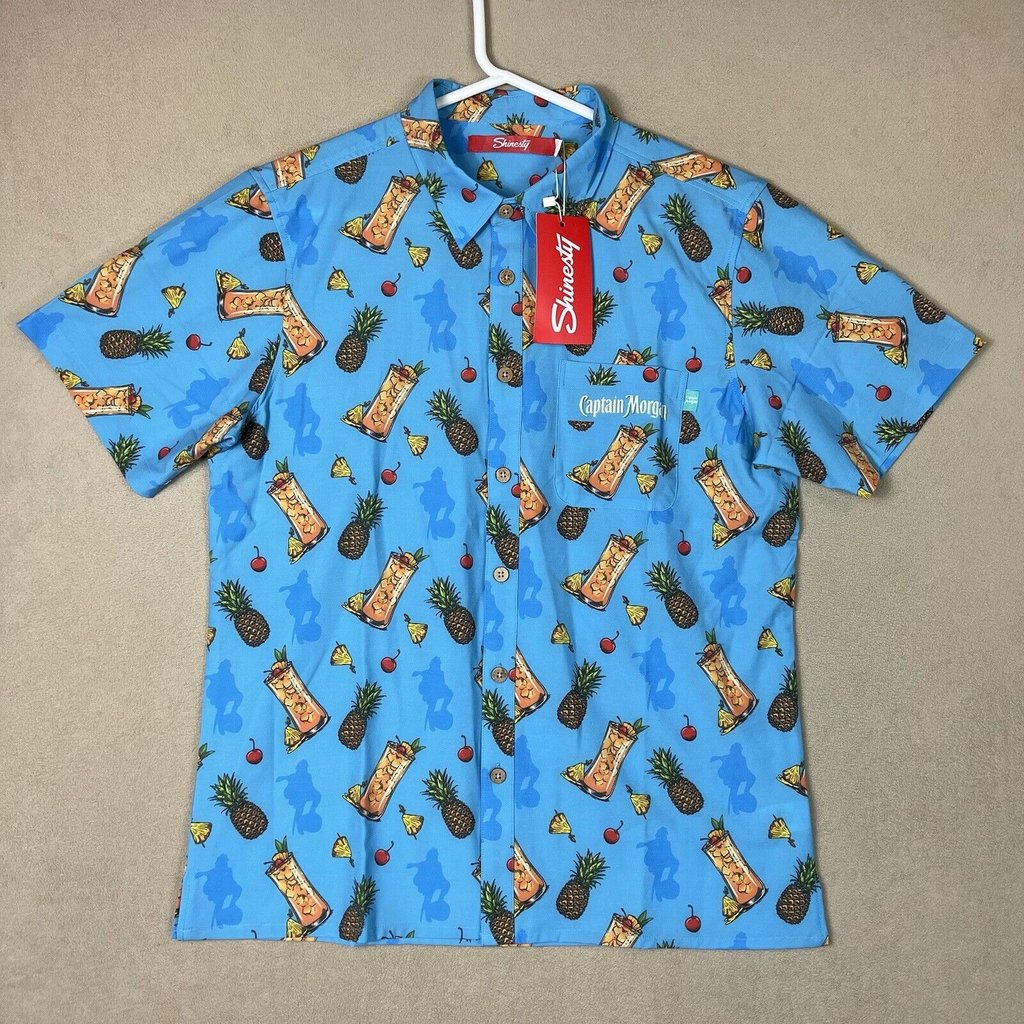 Shinesty Shirt Men Large Blue Captain Morgan Pineapple Hawaiian Adult Nwt