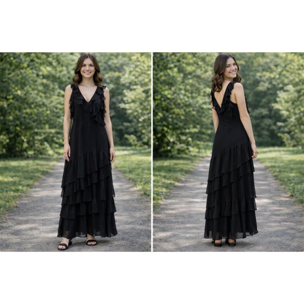 Chelsea28 Black Chiffon Flowy Tiered Maxi Dress Sleeveless V Neck Womens L Large