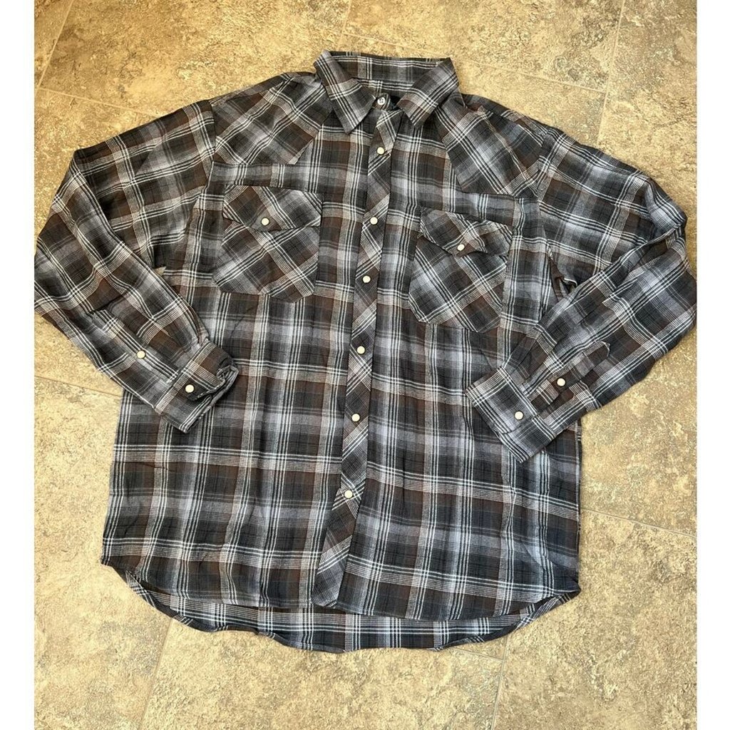 Stone Creek Western Long Sleeve Plaid Flannel Gray Snap Down Shirt, Men's Size L