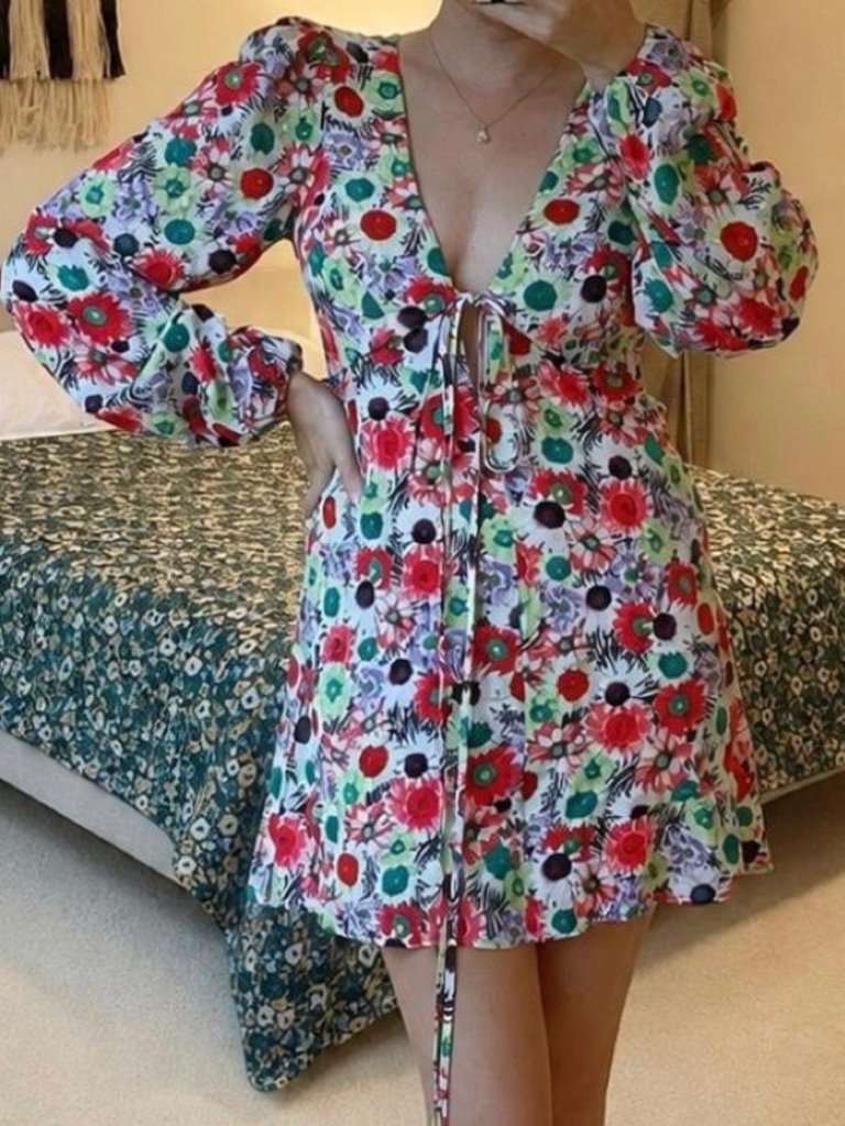 Afrm Long Sleeve Multi Print Short Dress In Size S