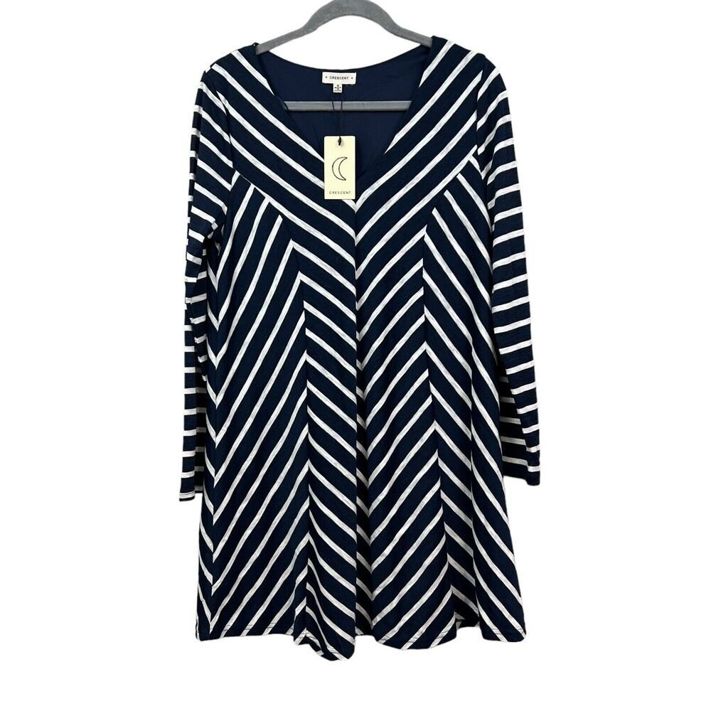 Crescent Womens Shift Dress Striped V Neck Lined Long Sleeves Blue White Size M*
