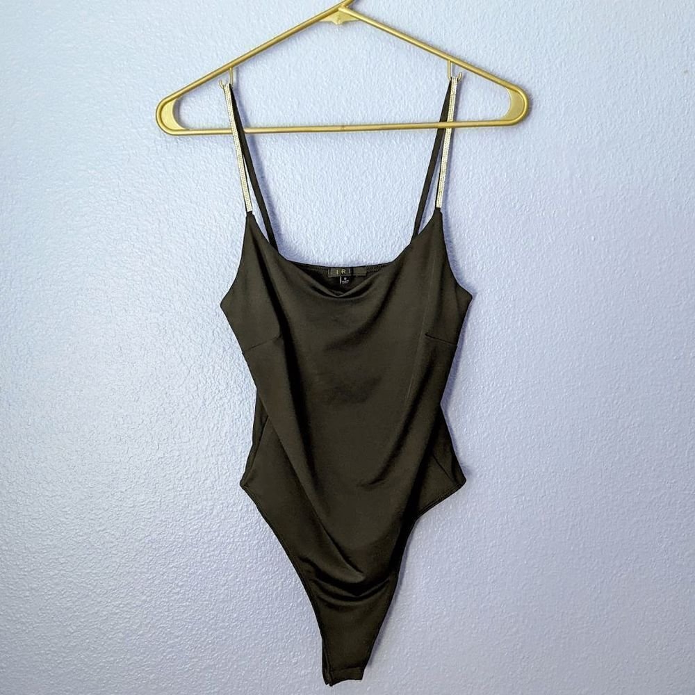 Women's Iris Bodysuit Sleeveless Black Silver Sequined Straps Small Button Euc