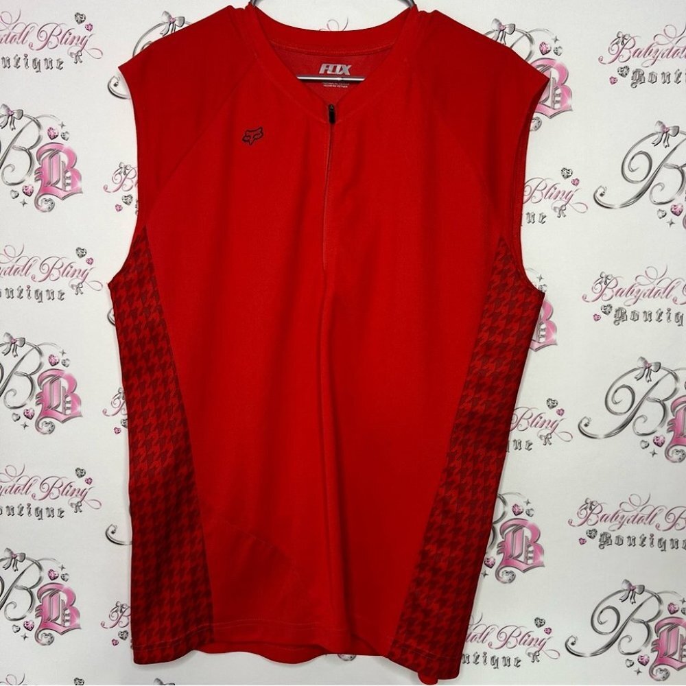 Fox Racing Jersey Tank Top Red Houndstooth Pattern Pocket On. Back Zip Up Top