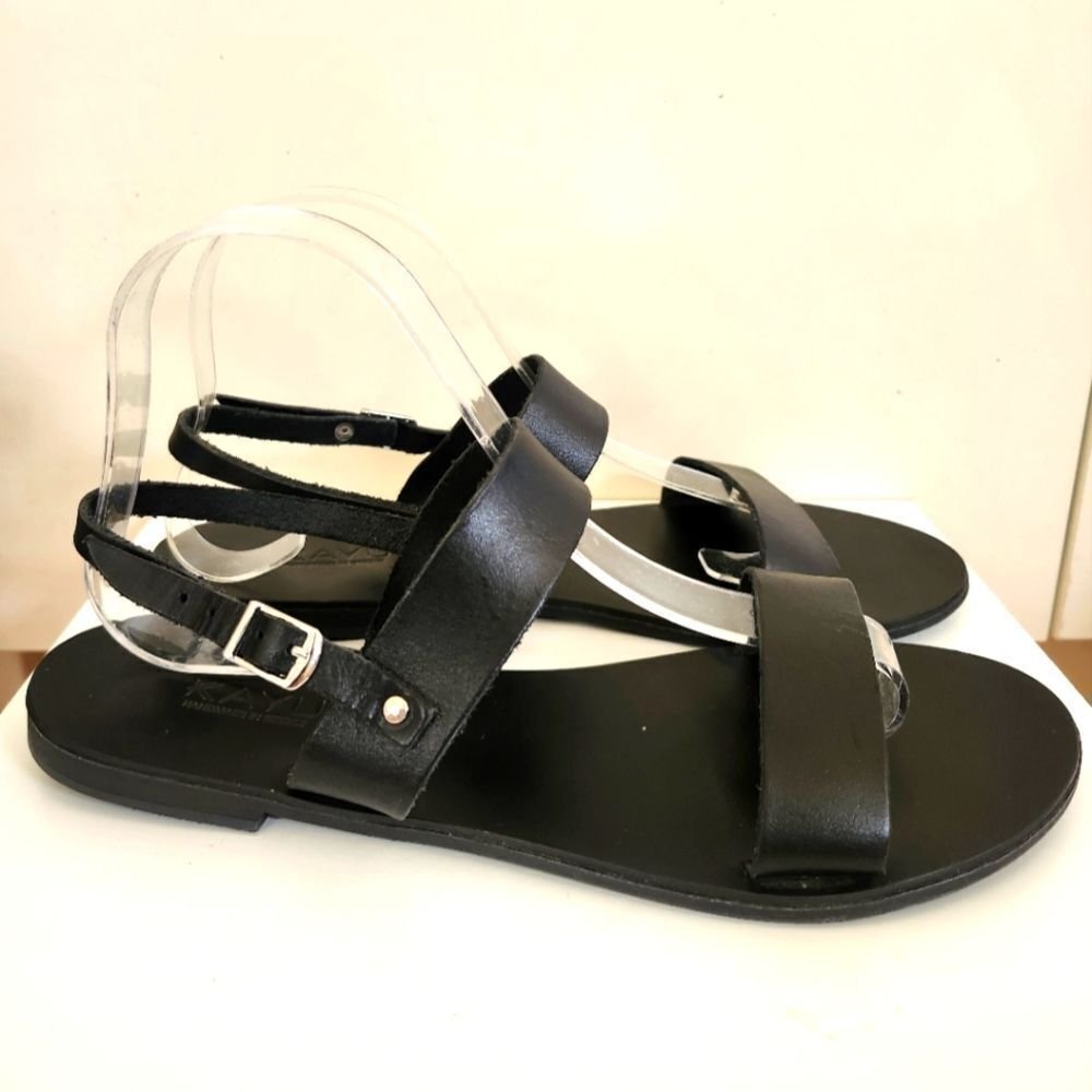 Nwt Kayu "Rhodes" Black Leather Strappy Flat Handmade Sandals Sz.9/40 Ret.$125