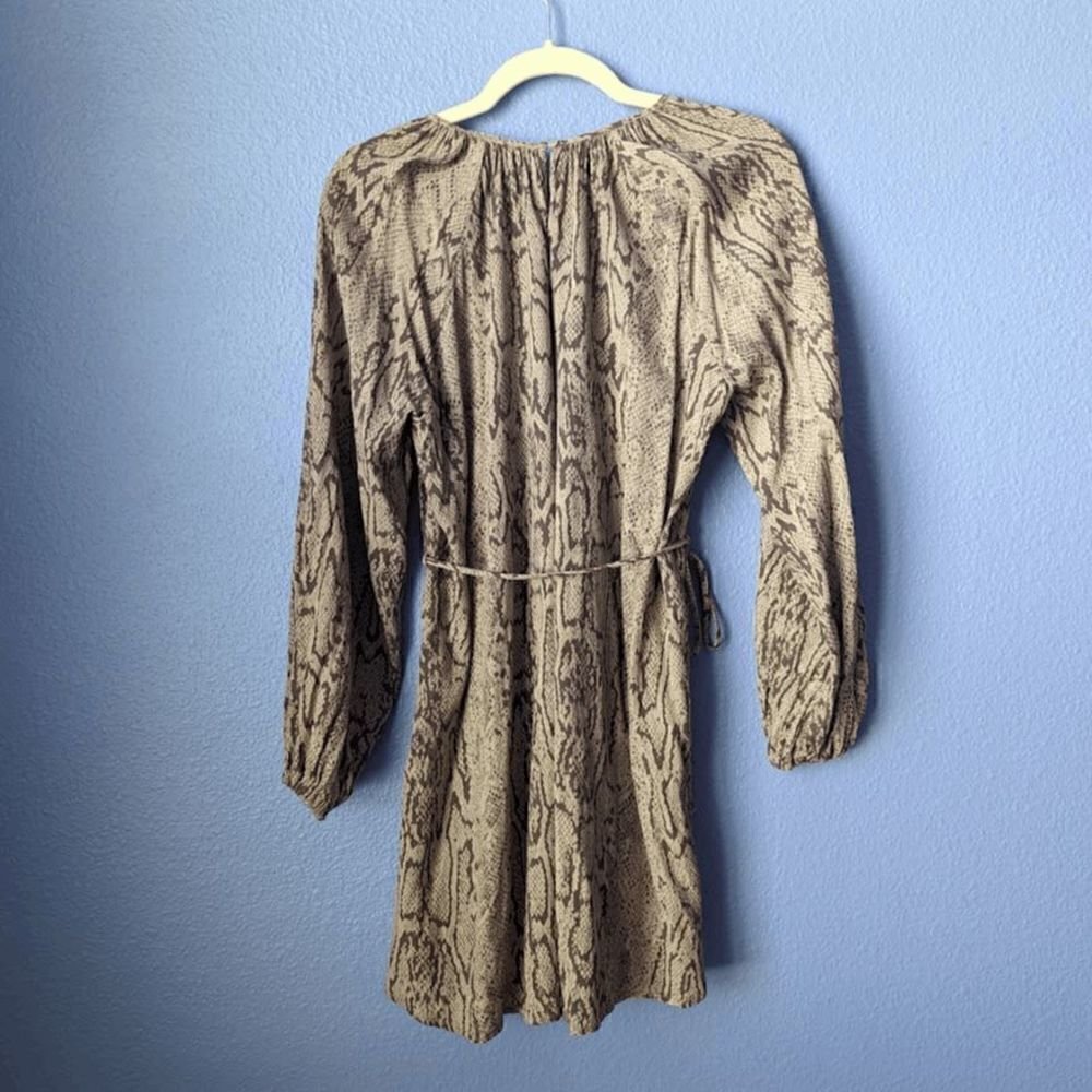 Women's Gb Long Sleeve Snake Print Dress Tie Waist Beige Brown Xs Round Neck Euc