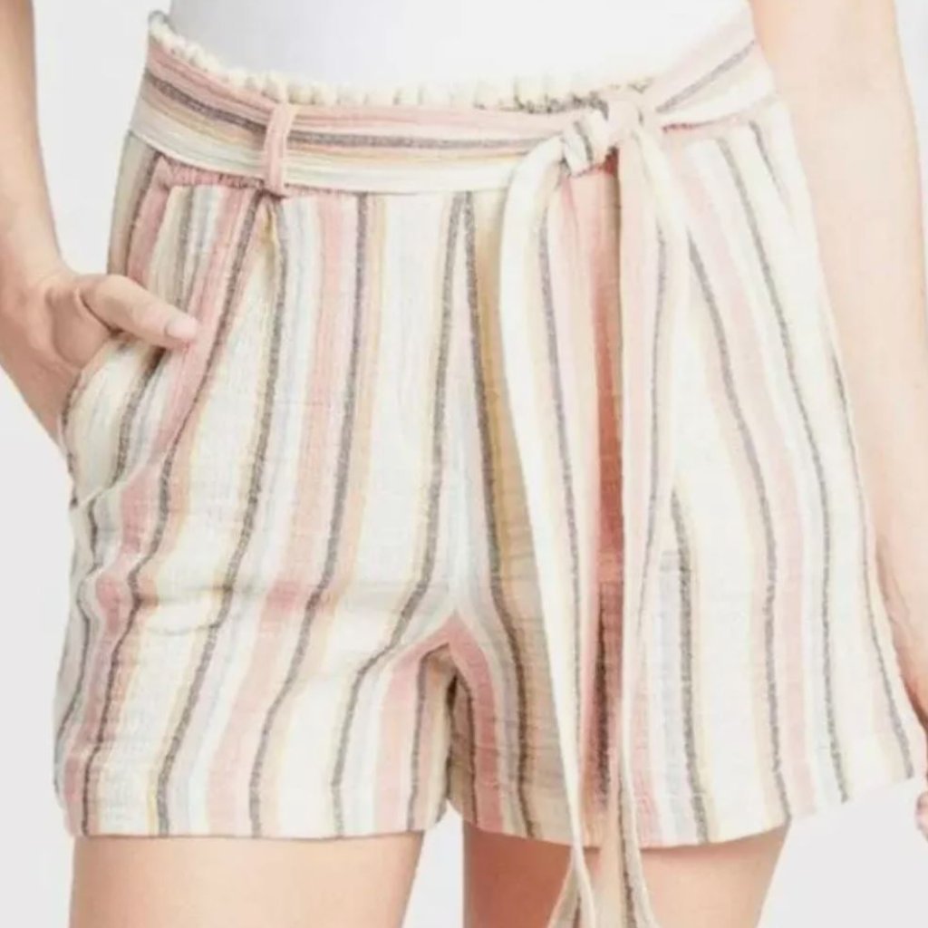 Nwt Evereve Roan + Ryan | Beau Stripe Tie Waist Cotton Shorts Cream | Size Small