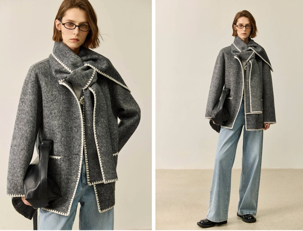 Lily Gray Boucl Wool Anti-Static Double-Faced Coat Wrap Scarf Size M Medium