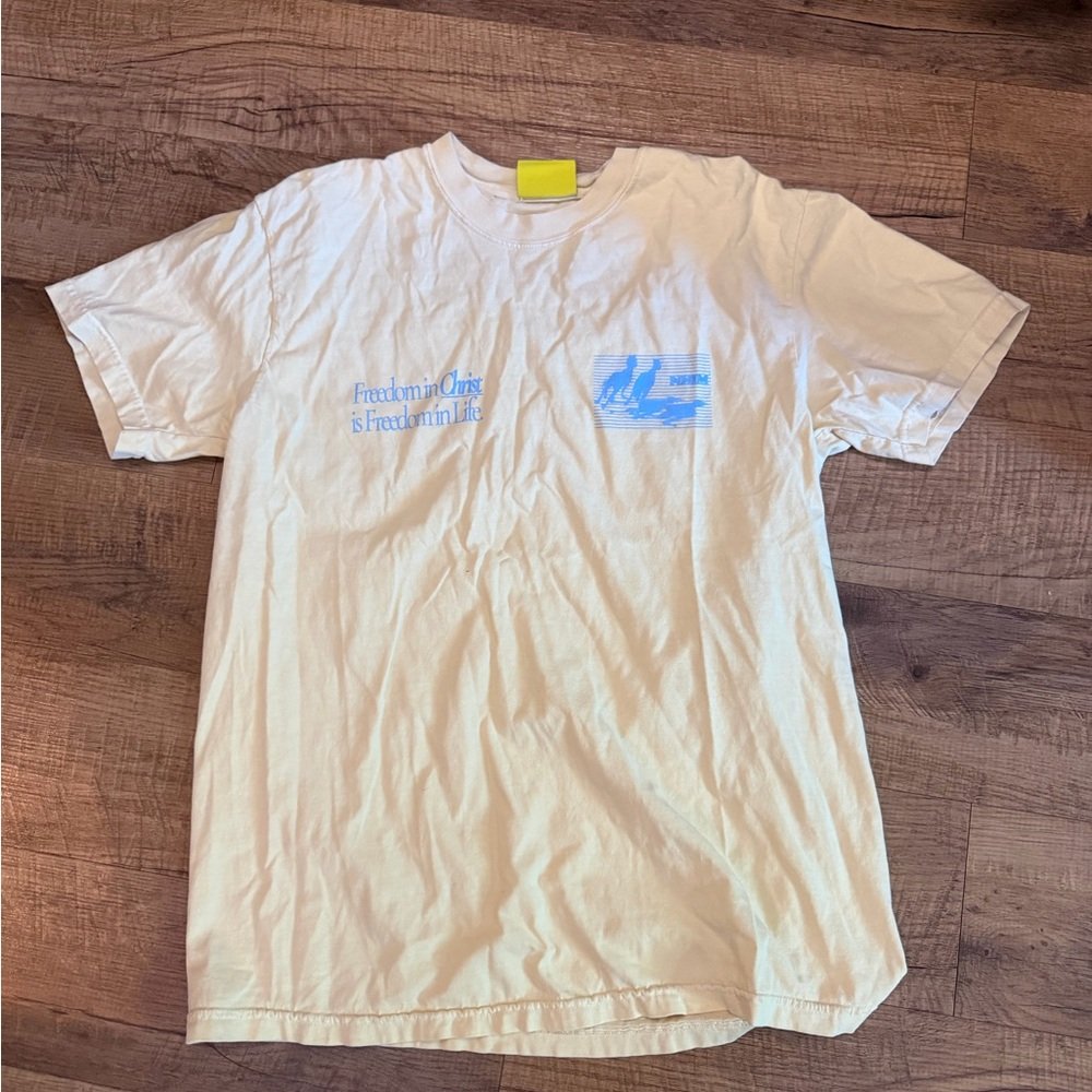 Nhim Apparel Butter Yellow Short-Sleeve Graphic Tee With Blue Print