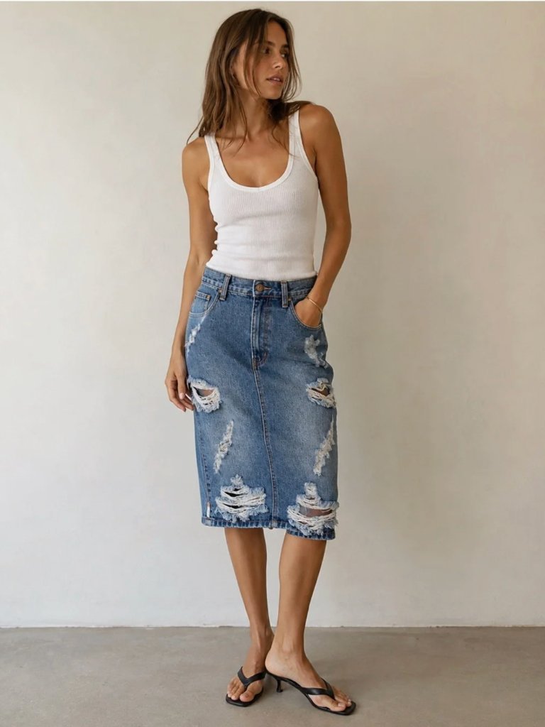 One Teaspoon Freelove Distressed Denim Midi Skirt | Size 25