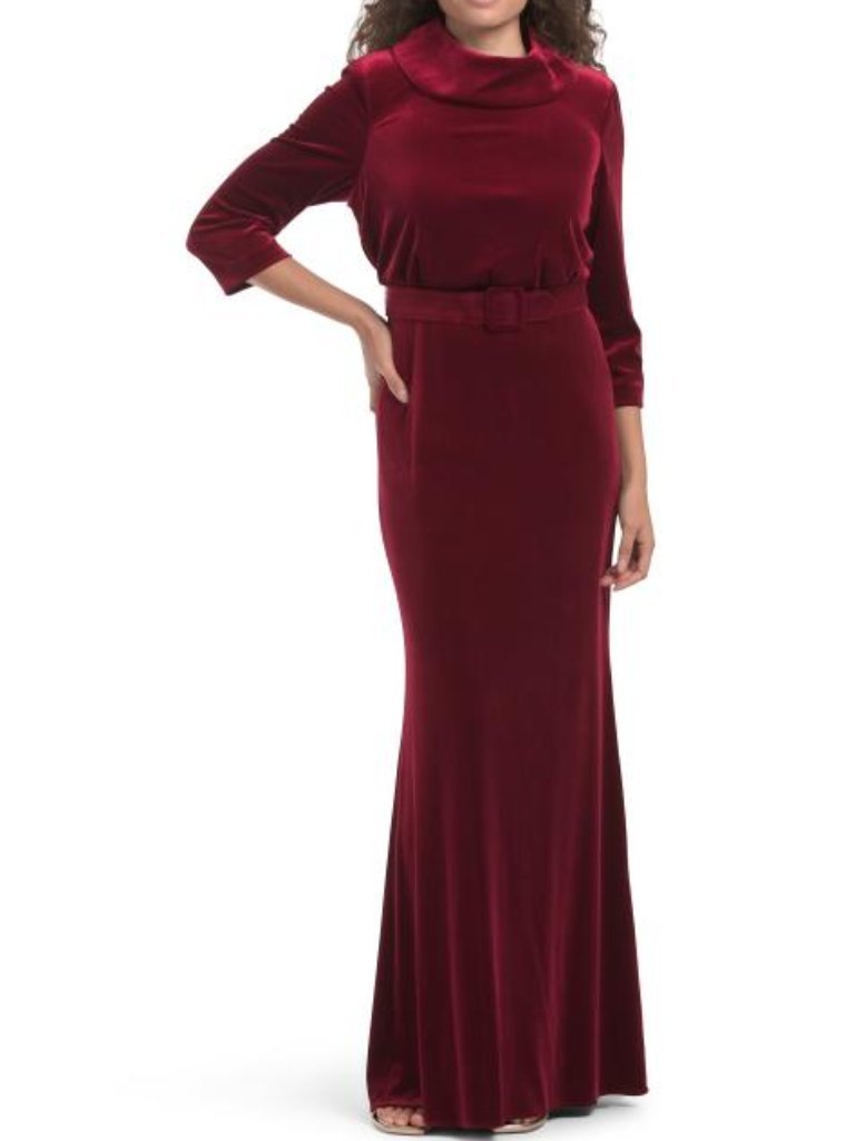 Badgley Mischka Velvet Mock Neck Belted Sheath Gown