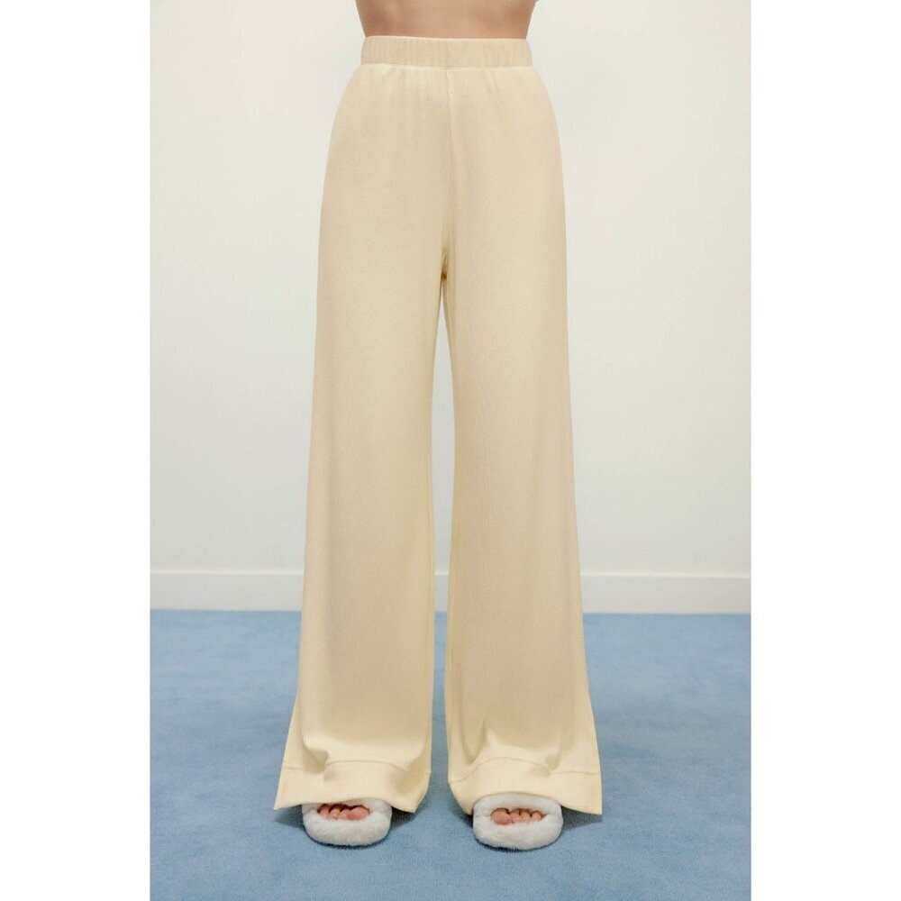 Neiwai Womens Ribbed Wide Leg Pant Xl Beige High Rise Flare Pull On Minimalist
