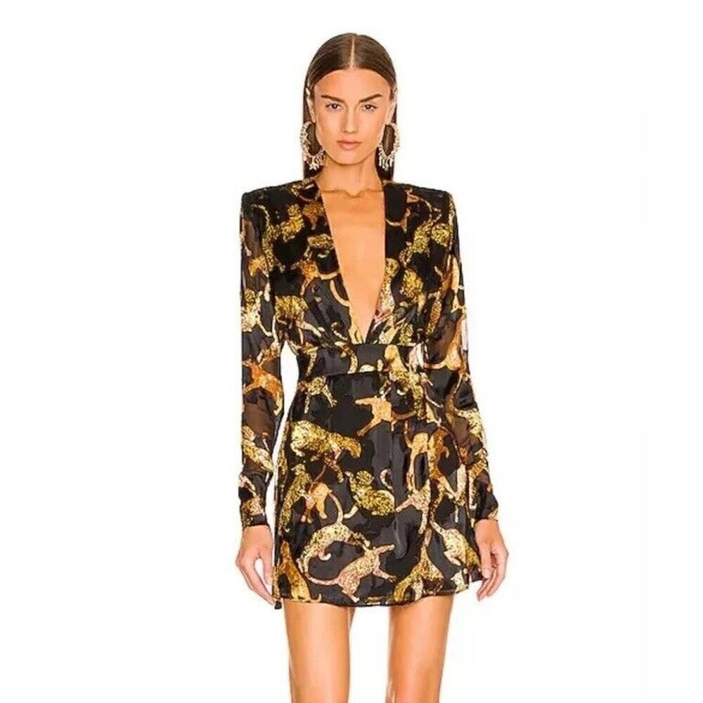 Dundas X Revolve Dress Gloria Cats Print Gold Black Mini Short Sz Xs Nwt $348